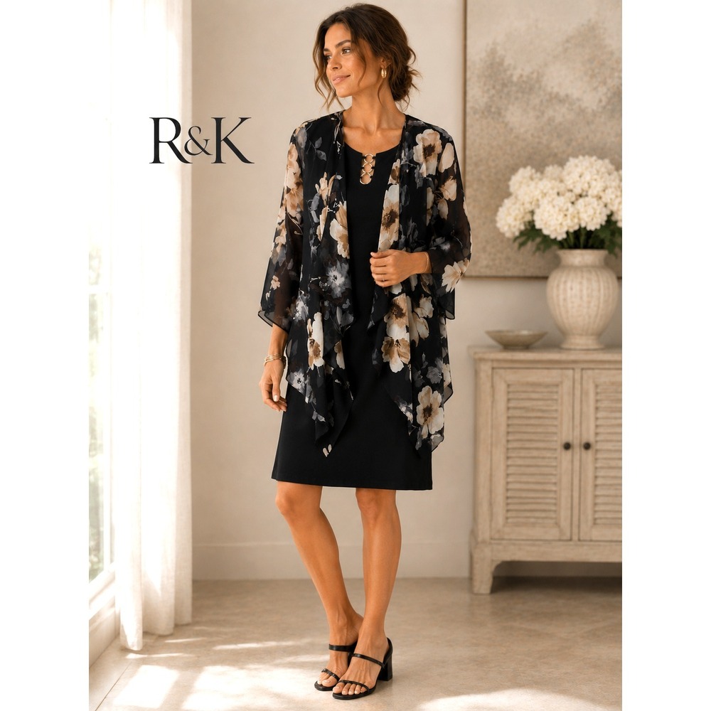 R&K Black Dress Attached Sheer Floral Overlay Front Keyhole Plus Size 14W NWT
